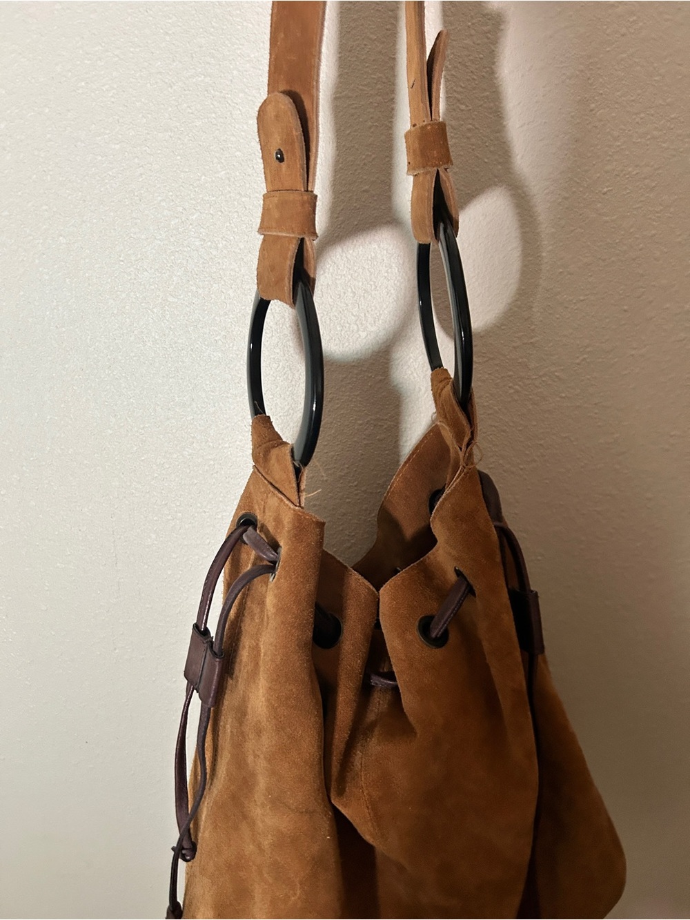 Free People Suede Drawstring Shoulder Bag in Tan and Dark Brown